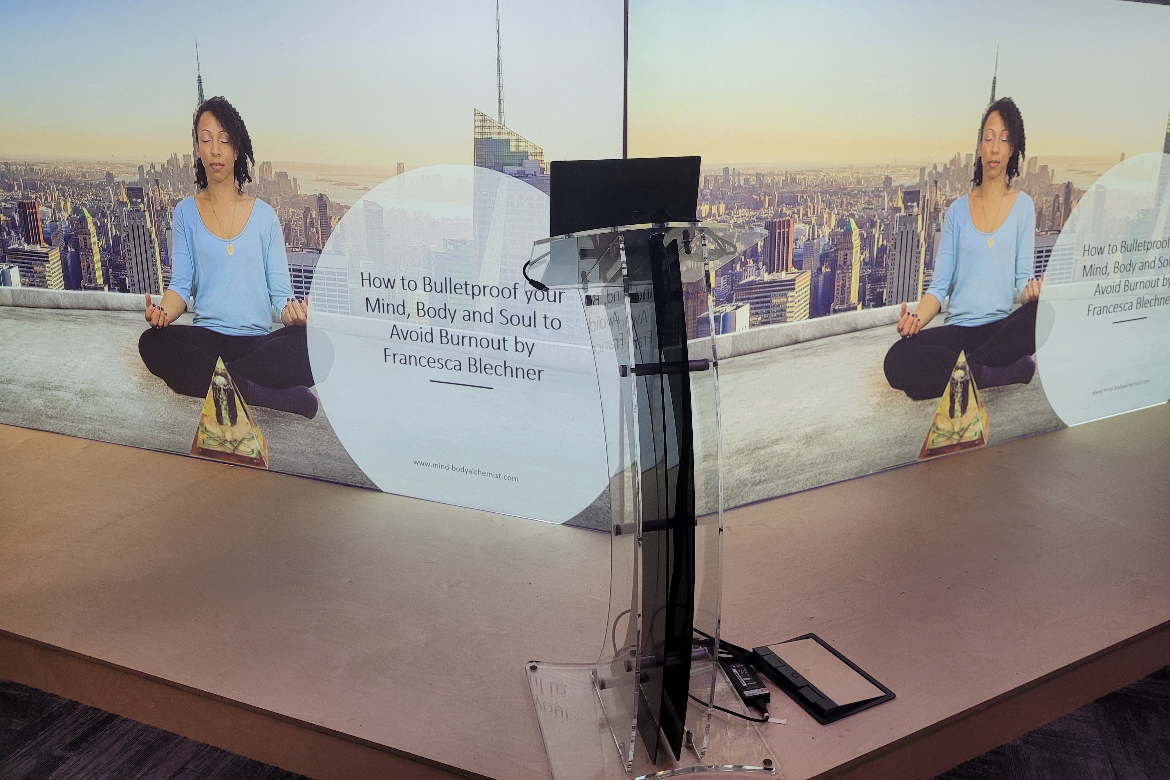 Francesca Blechner speaking at a corporate wellness event